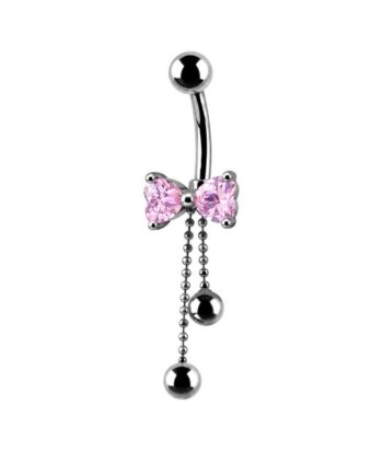 Bow Dangle Belly Ring – Pink Cubic Zirconia