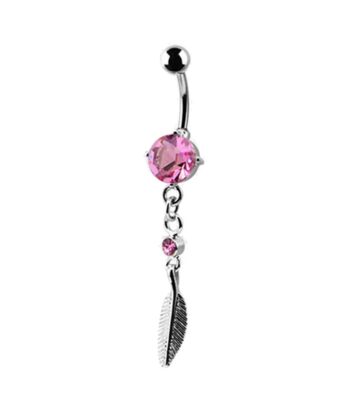 Belly Ring – Pink Jewelled Charm With Feather Drop